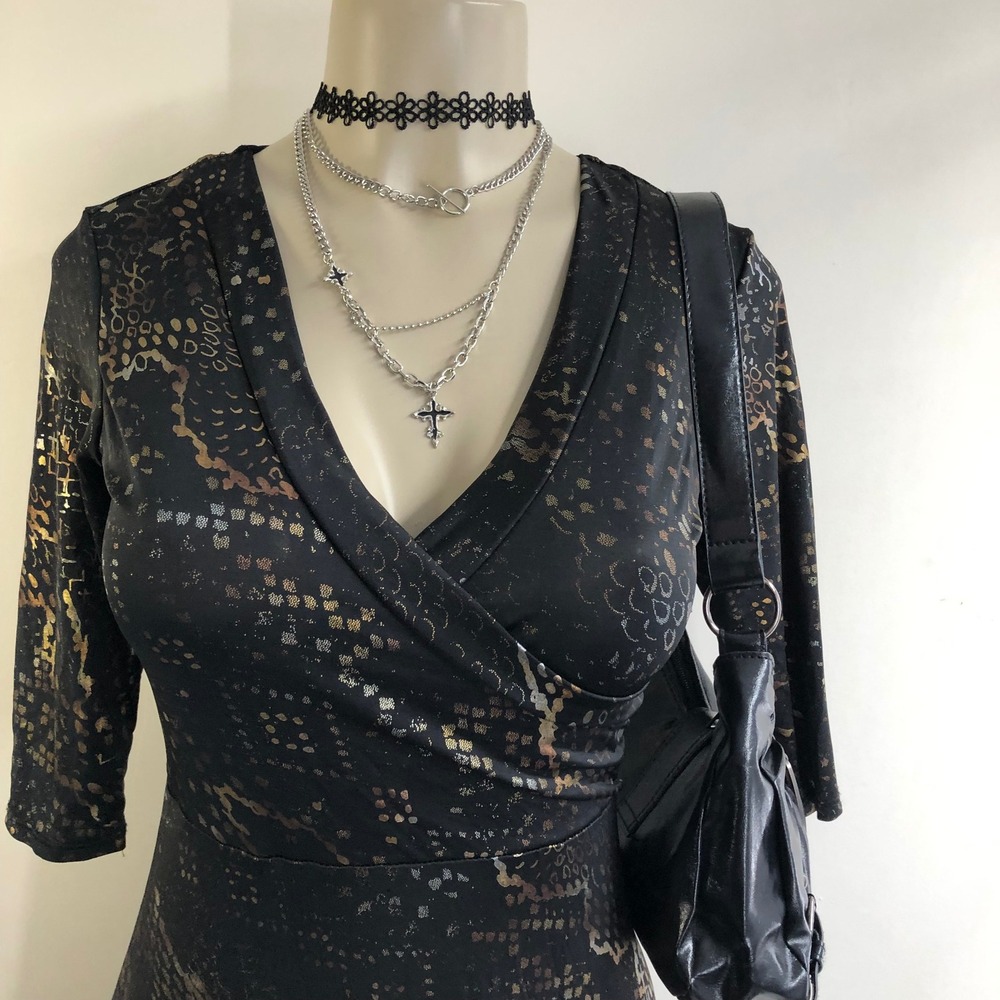 Vintage Y2K SNAP Black Gold Wrap Maxi Dress S 2000s Mesh Goth Party Clubwear - Picture 2 of 9
